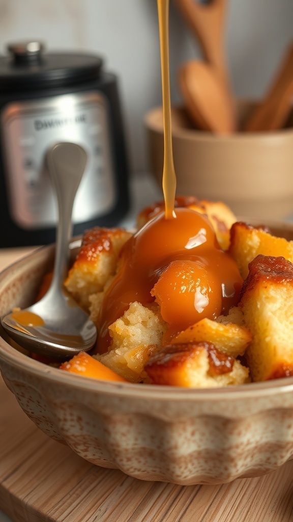 Classic Bread Pudding Recipe A bowl of warm bread pudding drizzled with caramel sauce, served with a spoon in a cozy kitchen.